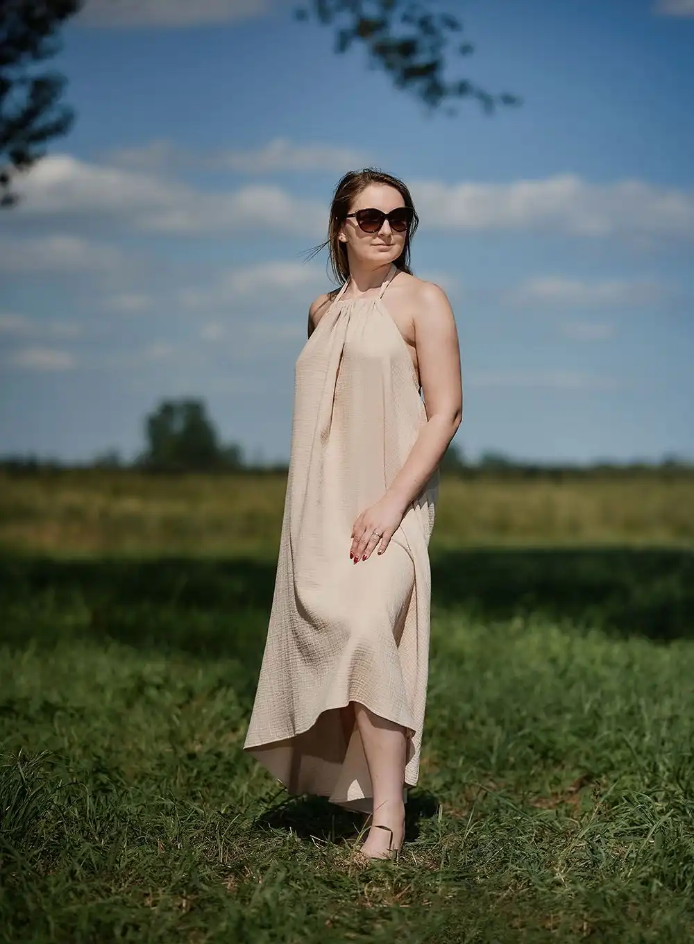 Sukienka muślinowa długa beż one size