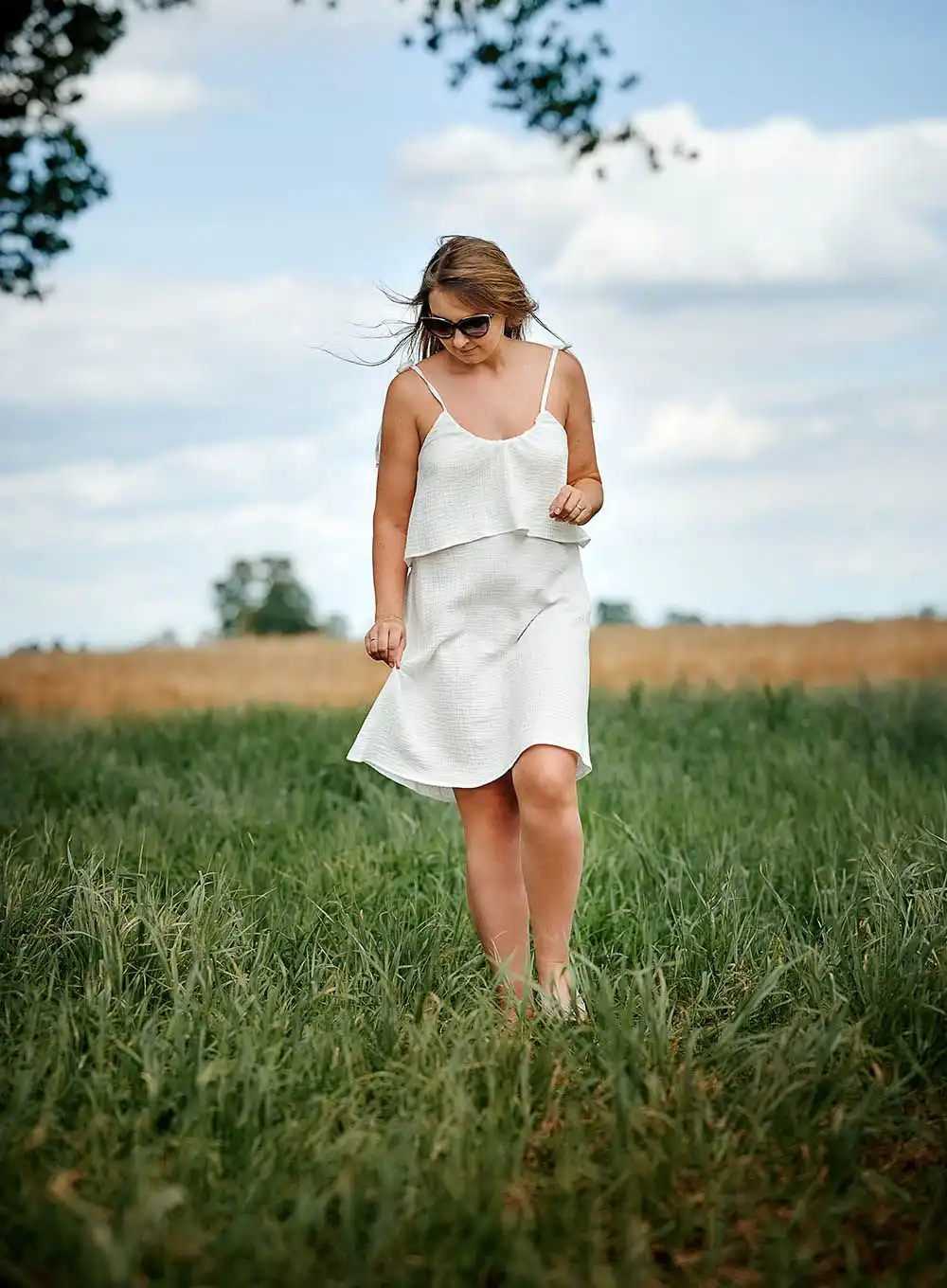 Sukienka muślin z falbanką na górze ecru one size