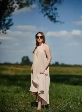 Sukienka muślinowa długa beż one size